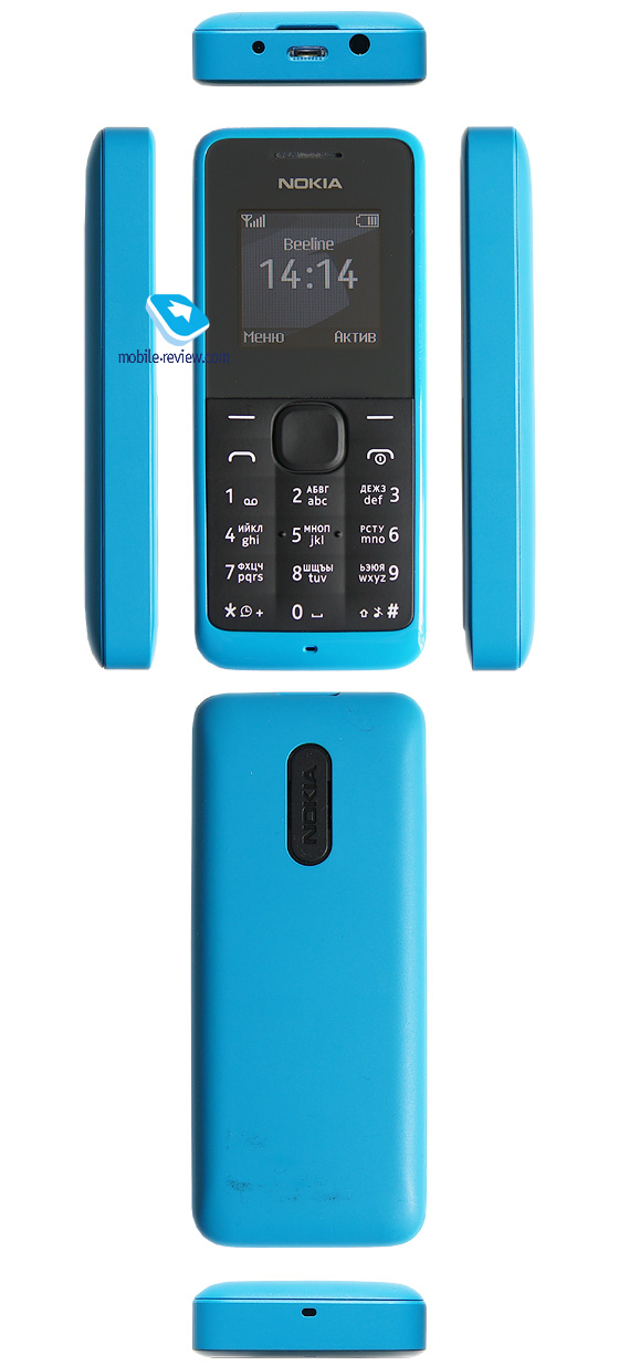 Форма корпусу у Nokia 105 просто бездоганна - апарат відмінно лягає в руку, на спинці скошені краї, за рахунок чого телефон здається гладким